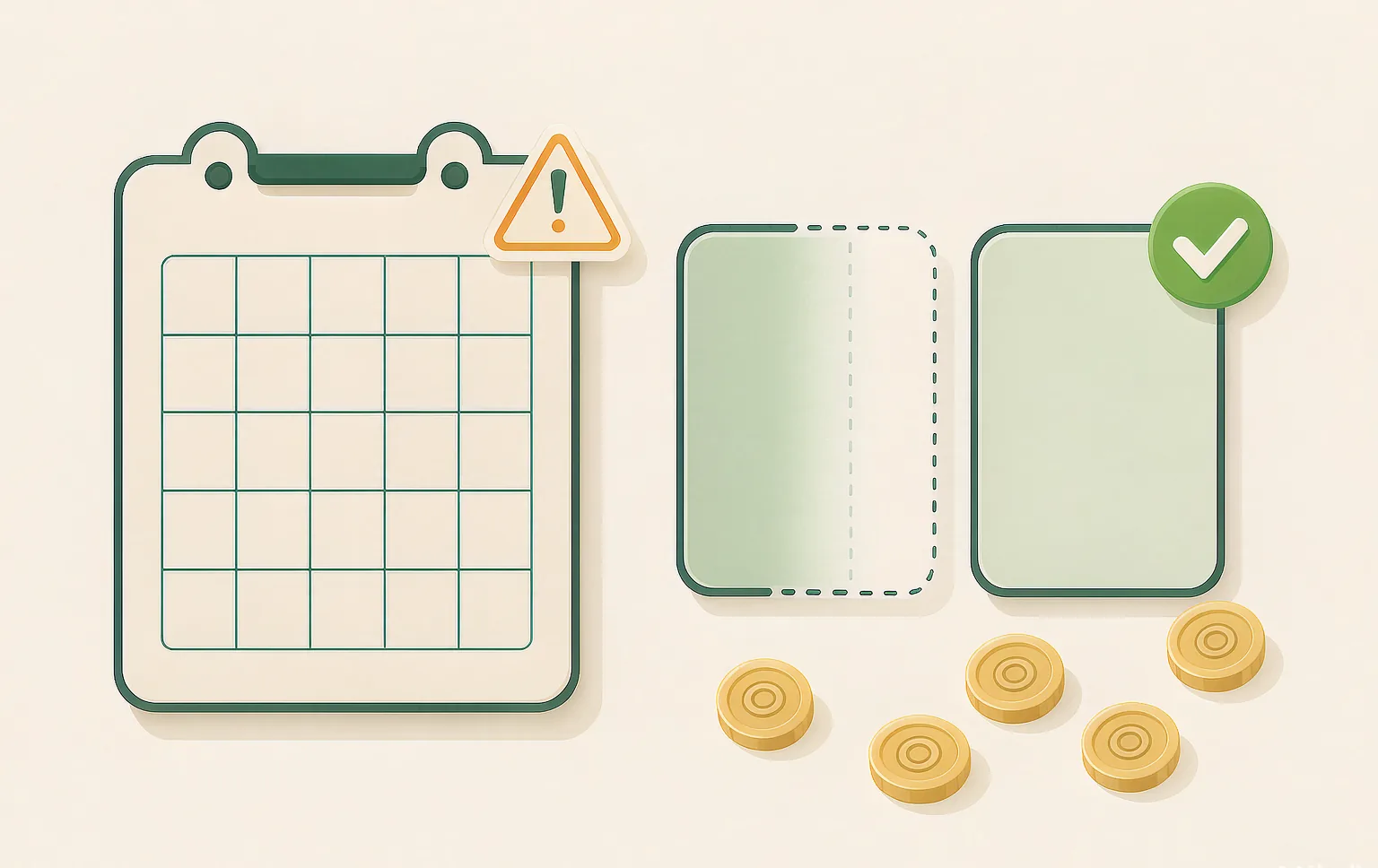 Illustration: a calendar with a warning badge, one offer card fading to a dashed outline and another with a fresh checkmark, coins scattered nearby