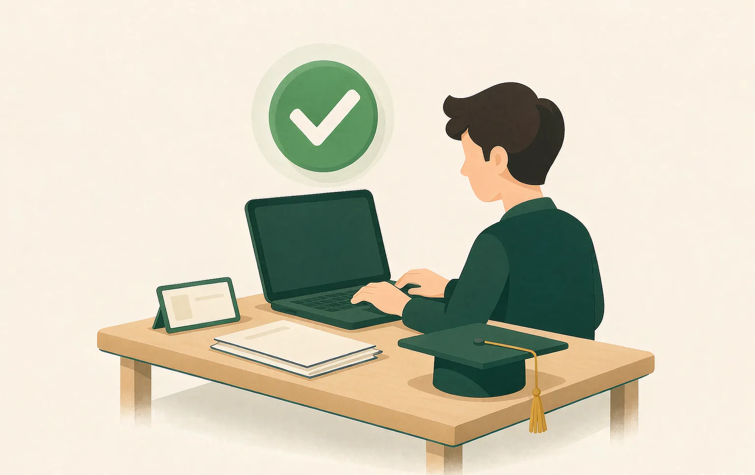 Illustration: a faceless student at a desk with a laptop under a large circular verification badge, an ID card, documents and a graduation cap on the desk