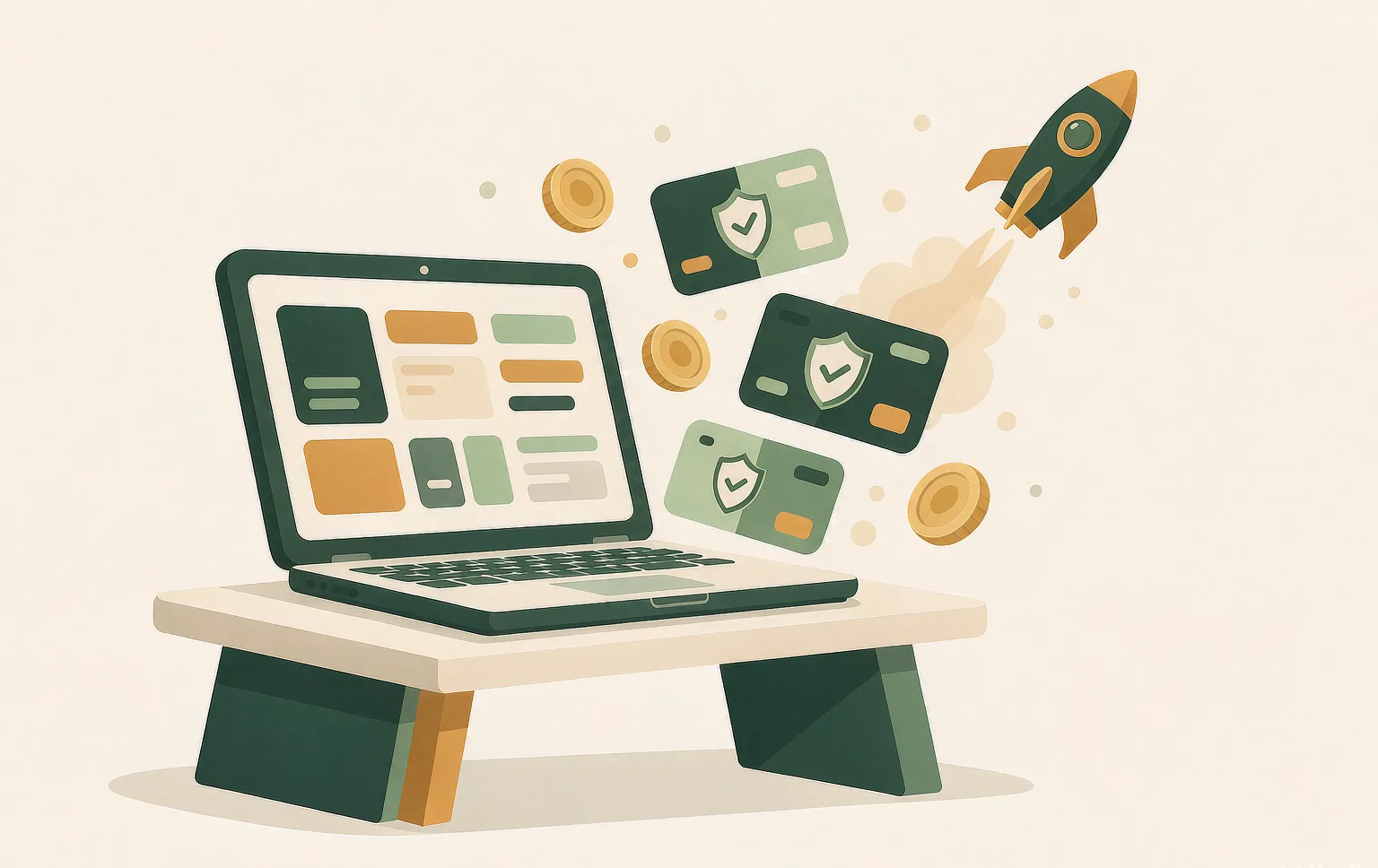 Illustration: a student developer's desk with a laptop, floating credit cards with verified checkmark shields, coins and a launching rocket
